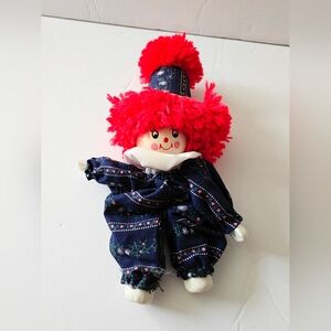 Vintage Small Wood Peg Clown Doll Painted Face Red Hair Blue Outfit